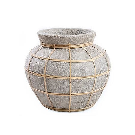 Terrakotta Bauchvase mit Rattan-Details, Grau (Größe: M)