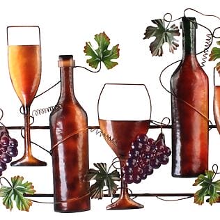 Metallkunst-Wanddeko "Beviamo Vino", Weinflaschen und Rebenzweige