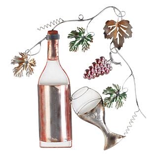 Metallkunst-Wanddeko "Cheers", Weinflasche, -glas und Weinreben
