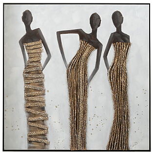 J-Line Wanddekoration "3 afrikanische Frauen", Acrylfarbe + Seil-Mix auf Leinwand