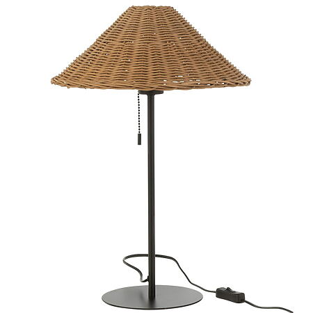 J-Line Tischlampe mit Naturschirm aus Rattan, schwarzer Metallfuß
