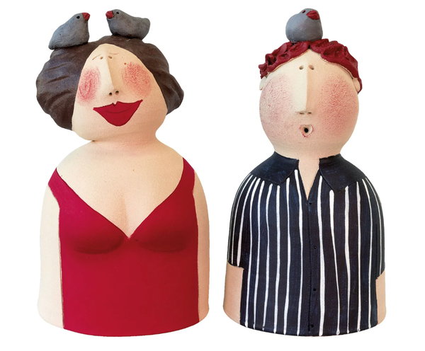 2 Keramikfiguren / Deko-Objekte "Meise über’m Pony" im Set