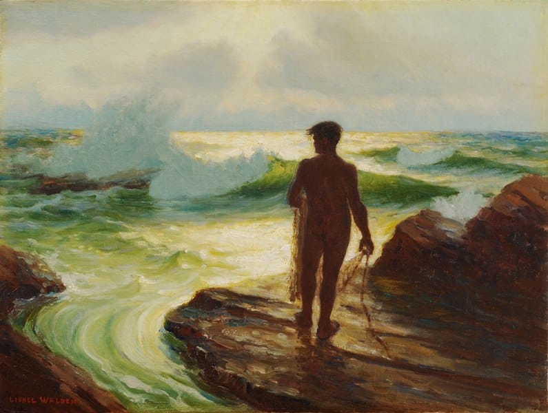 Hawaiianischer Fischer von Lionel Walden, ca. 1923, Öl auf Leinwand, 18 x 24 Zoll. Es handelt sich um eine Studie für ein größeres Werk, das sich jetzt im Honolulu Museum of Art befindet.
