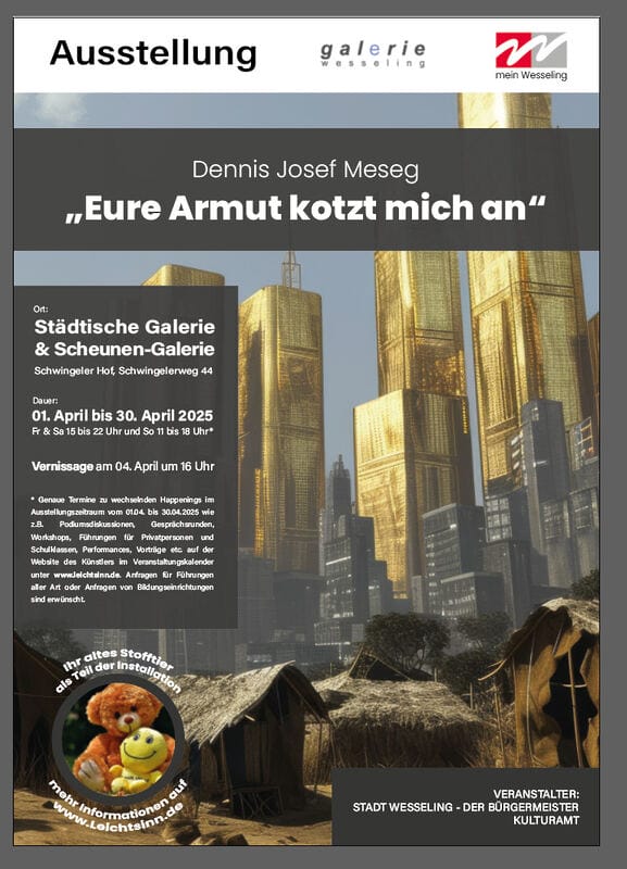 10.000 Kuscheltiere, 10 Tonnen Gewehrmunition, eine Obdachlosen-Zeltstadt – und ein 10.000-Euro-Festmahl, das niemand essen darf - Installatiom "Eure Armut kotzt mich an" des Aktionskünstlers Dennis Josef Meseg
