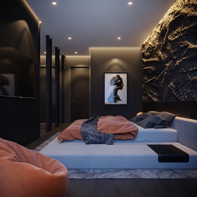 Downlighting in einem dunkel gestalteten Schlafzimmer