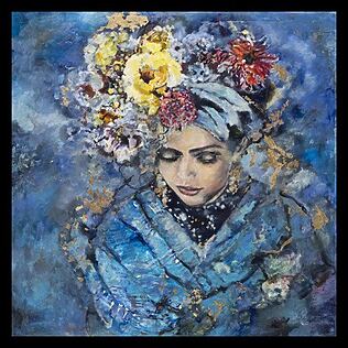 Quadro acustico limitato &quot;Donna floreale&quot; (140x140cm) – arte tessile intrecciata su telaio, fonoassorbente, arte murale tessile