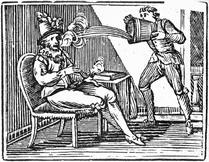 Sir Walter Raleigh raucht eine Pfeife und wird von einem Diener übergossen, der glaubt, er brenne. Holzstich