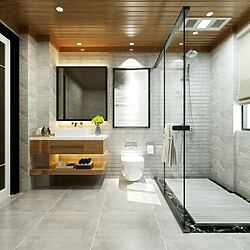 Freestanding shower screen as the visual centerpiece of the bathroom