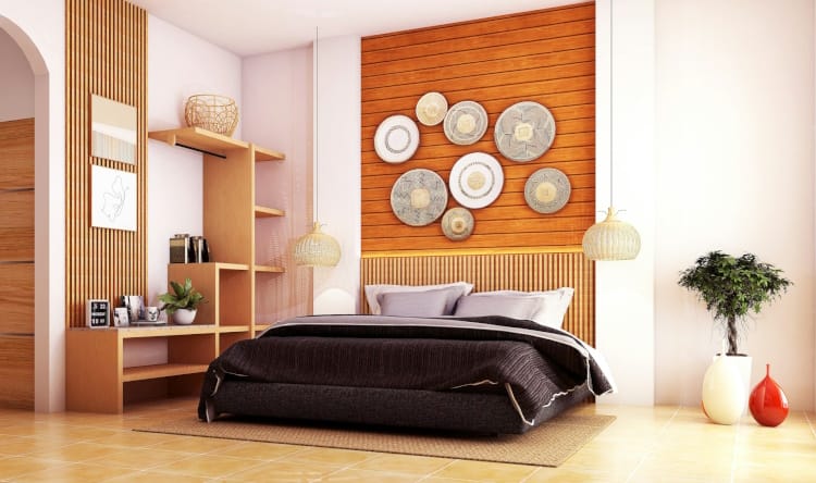 Modernes Schlafzimmer mit harmonisch integrierten Akustikpaneelen.