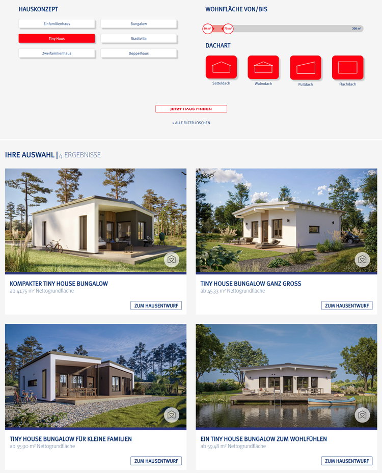 Tiny House kaufen / Fertighäuser - Planungsbeispiele von BIEN-ZENKER zwischen 40 und 75 qm.