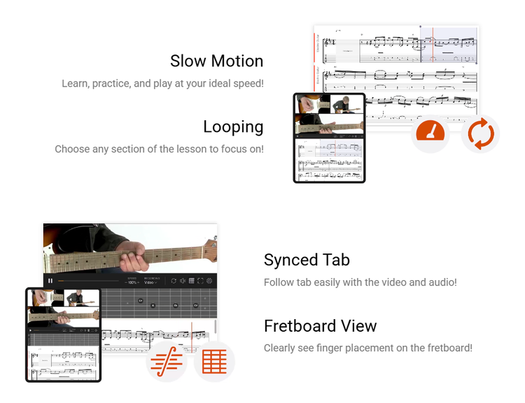 Die Integration mit Soundslice ermöglicht durch interaktive Tabulaturen und Notation nützliche Modi wie Slow Motion, Looping, Synced Tabs und eine Griffbrett-Animation mit Fingersätzen.