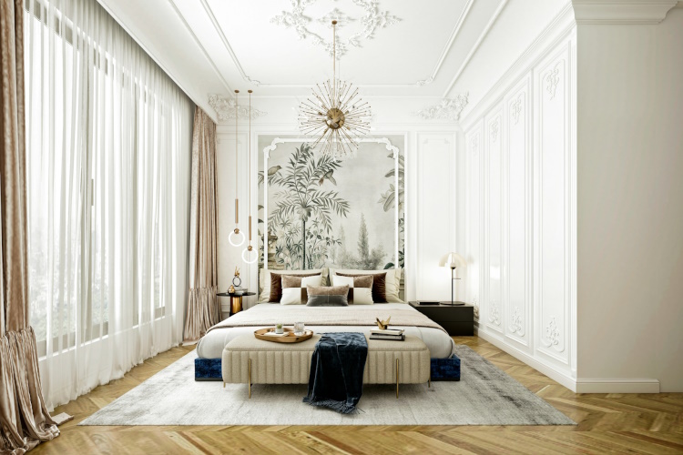 Luxuriöses Hotelzimmer mit großformatiger Wall Art am Kopfende des Bettes