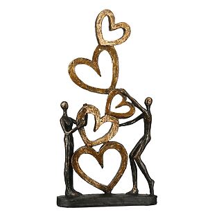 Bronze-colored poly sculpture &quot;Heart on Heart&quot; with gold-colored heart pyramid