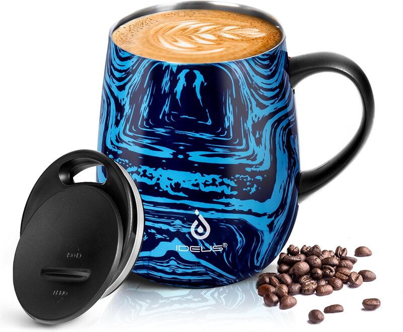 Ideus Kaffeebecher 470 ml (16 oz), doppelwandige vakuumisolierte Kaffee- und Teetasse aus Edelstahl mit rutschfestem Griff und Schiebemoduldeckel