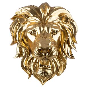Gold-colored wall object (LED) &quot;Savannah King&quot;, lion&#39;s head in metallic look