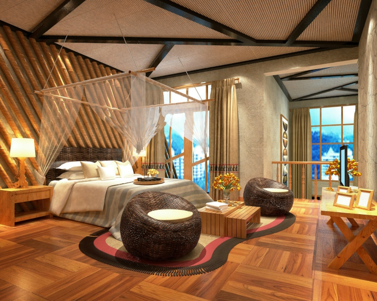 In diesem Schlafzimmer im Boho-Stil wurden sowohl poröse Absorber (Teppiche, Vorhänge) als auch Resonanzabsorber (Decke) und Helmholtz-Resonatoren (Rückwand hinter dem Bett) verwendet, um eine optimale Raumakustik zu schaffen, die perfekt mit dem entschleunigenden Interieur harmoniert.