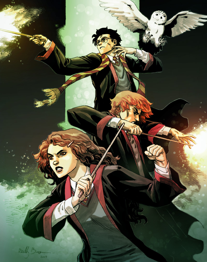 Qui diffuse Harry Potter ? Harry Potter, Ron Weasley et Hermione Granger. Fan art de Reilly Brown.