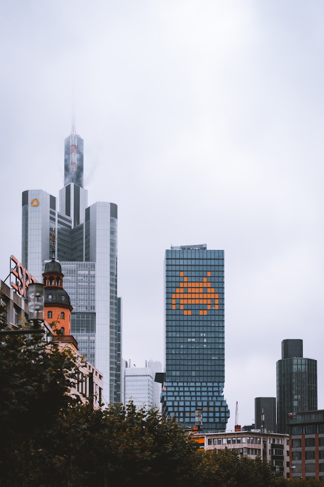 Iconic Invader Street Art on a Frankfurt skyscraper