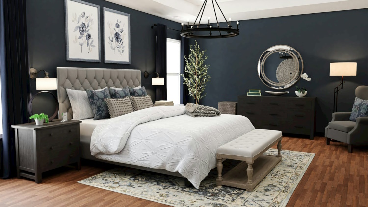 Arredamento per la camera da letto elegante e accogliente in stile nordico chic.