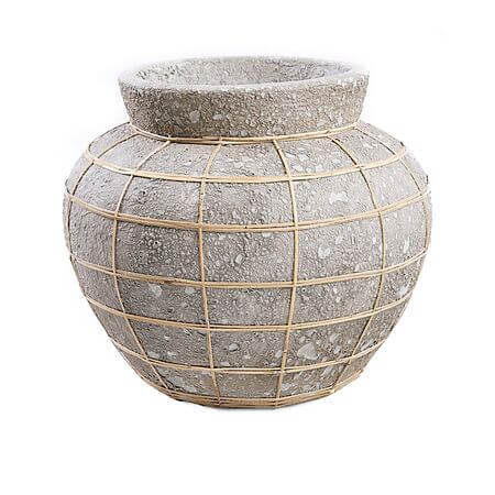 Terrakotta Bauchvase mit Rattan-Details, Grau (Größe: L)