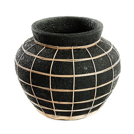 Terrakotta Bauchvase mit Rattan-Details, Schwarz (Größe: L)