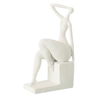 J-Line Abstrakte Damenfigur sitzt auf quadratischem Block, mattweiß