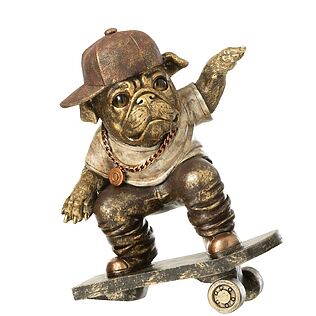 Figurine J-Line Bulldog sur skateboard, aspect bronze antique