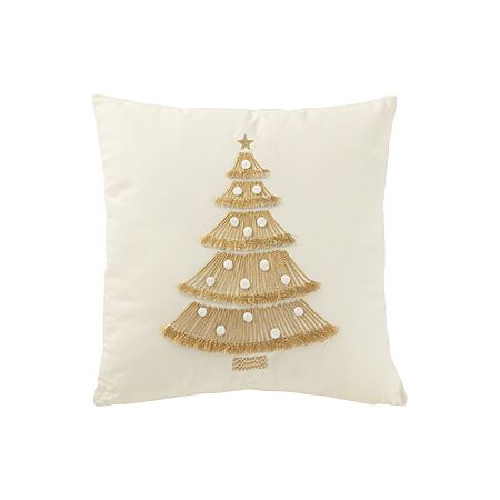 Skandinavisches Wohndesign - Harmonie durch hyggeligen Minimalismus im Scandi-Style Inneneinrichtung 20. jahrhundert J-Line Dekokissen "Weihnachtsbaum" mit Fransen + Pompons, Baumwolle (Weiß/Gold)