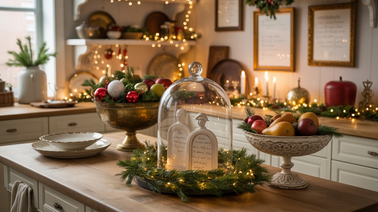 Weihnachtliche Innendekoration, die den Ansatz verfolgt, Familienerbstücke mit neuen Errungenschaften zu kombinieren.