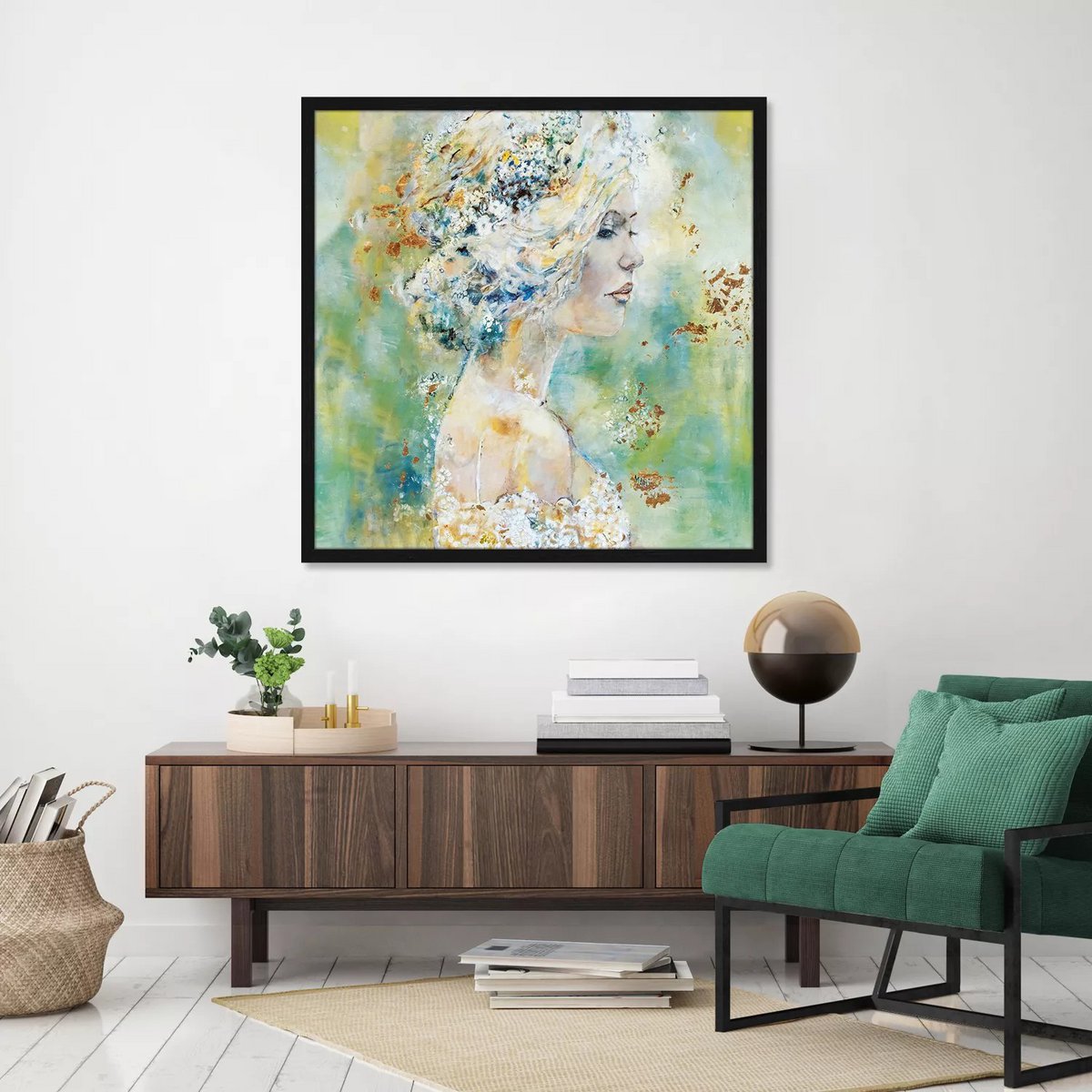 Limitiertes Akustikbild „Dreamy Woman“ (140x140cm) – gewobene Textilkunst auf Keilrahmen, schallabsorbierend