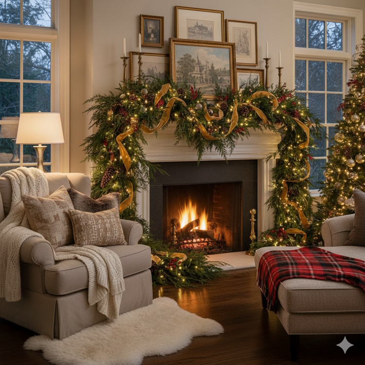 Aussagekräftige Girlanden aus Nadelgrün und Schleifen verleihen einem Kaminsims eine majestätische Präsenz.