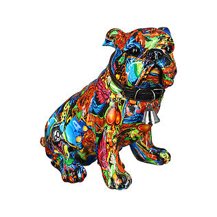 Urban Art Tierskulptur "Bulldogge", sitzender Hund mit Tattoo-Motiven