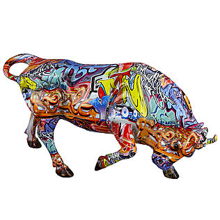 Street Art Tierskulptur "Bull", staubender Stier mit Graffiti-Motiven