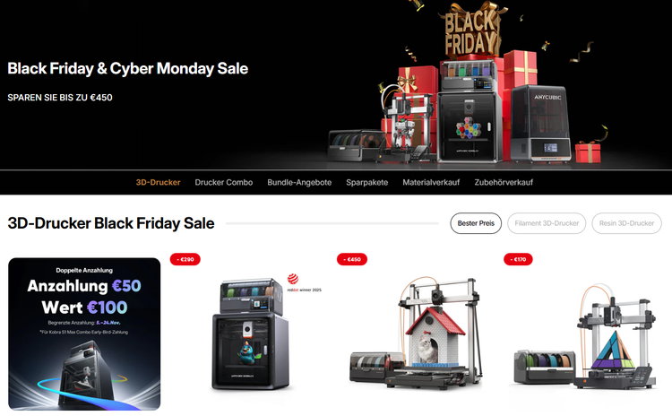 Black Friday Angebote von Anycubic - Modernste 3D-Drucker um bis zu 450 € (~ 45 %) reduziert