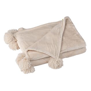 J-Line Kuschel-Plaid mit Pompoms, hellbeige (130 x 170 cm)