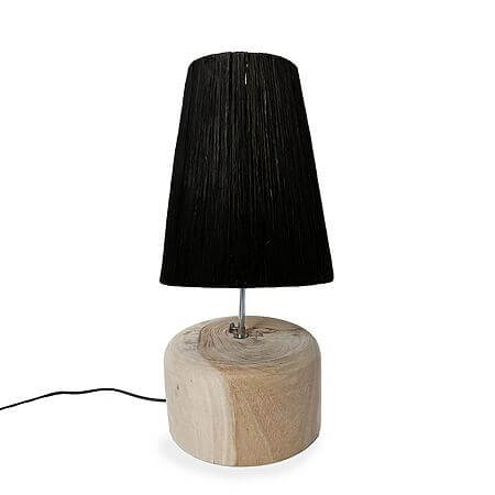 Teakholz-Tischlampe "Raffia", schwarzer Lampenschirm