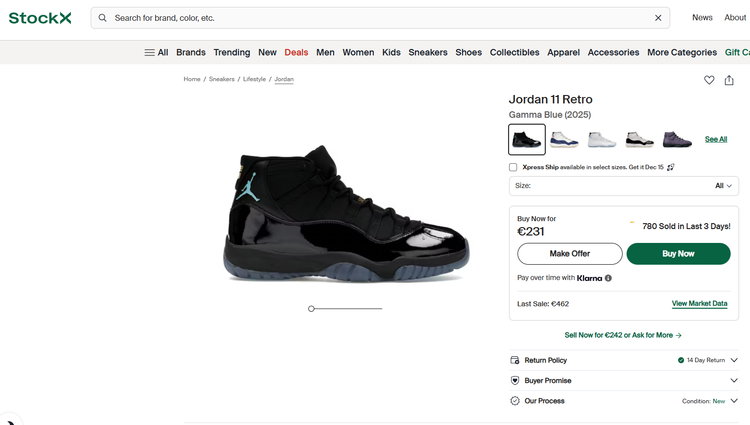 Dieses Paar Jordan 11 Retro in der Farbe Gamma Blue wird auf StockX für 230 Euro gehandelt.