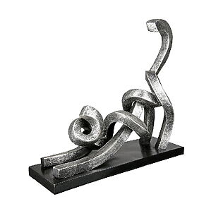 Abstract cat figurine "Stretching" on a base, antique metallic look