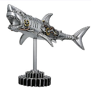 Skulptur "Steampunk Shark" auf Standfuß, Antik-Metallic-Optik mit Zahnrädern