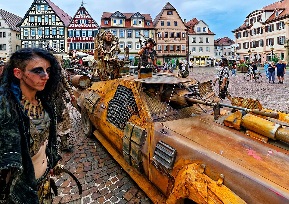 Aufwändig gestalteter Steampunk-Endzeit-Wagen auf der Annotopia in Bad Mergentheim (2023)