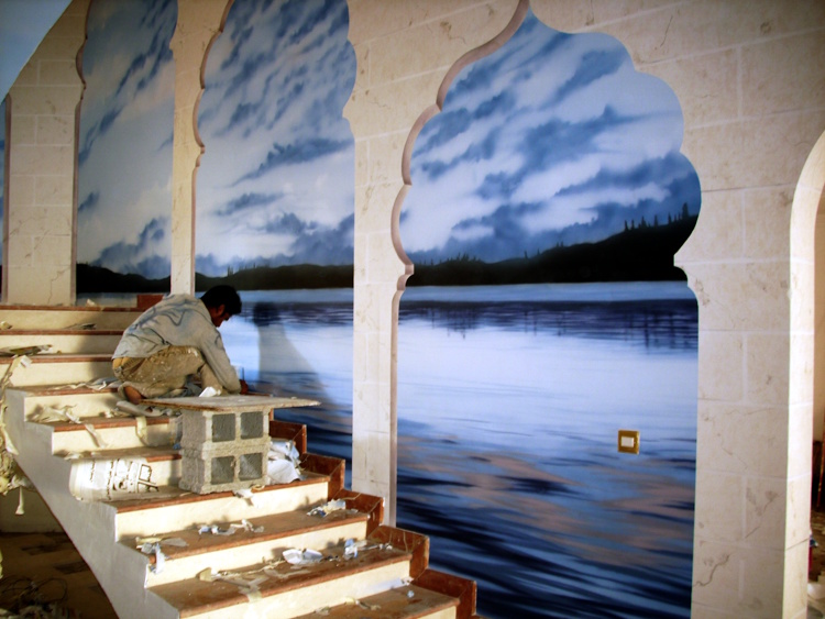 Seelandschaft mit Airbrushtechnik an Innenwand aufgetragen.