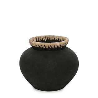 Terracotta belly vase "Styly" with raffia details, black (size: M)