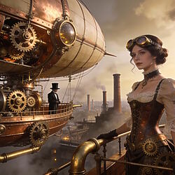 Illustration steampunk, d'après les descriptions de William Gibson et Bruce Sterling, créée à l'aide de l'IA d'OpenArt AI.