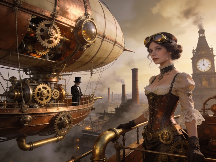 Steampunk-Illustration, nach Schilderungen von William Gibson und Bruce Sterling mit der Bild-KI von OpenArt AI erstellt.