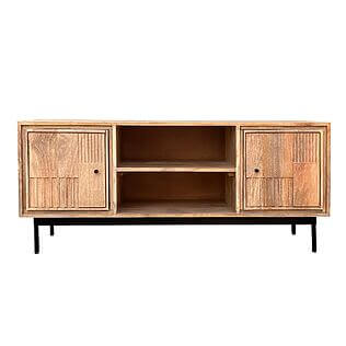 Elegante mueble bajo "Bata" con 2 puertas y 2 compartimentos abiertos, madera de mango con delicados listones