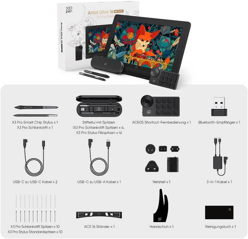XPPen Artist Ultra 16 Grafiktablett mit 15,6 Zoll OLED 4K Display, 100,000: 1 Kontrast, 2 x batterielose Stifte, 16K Druckstufen, 99% Adobe RGB Farbabdeckung.