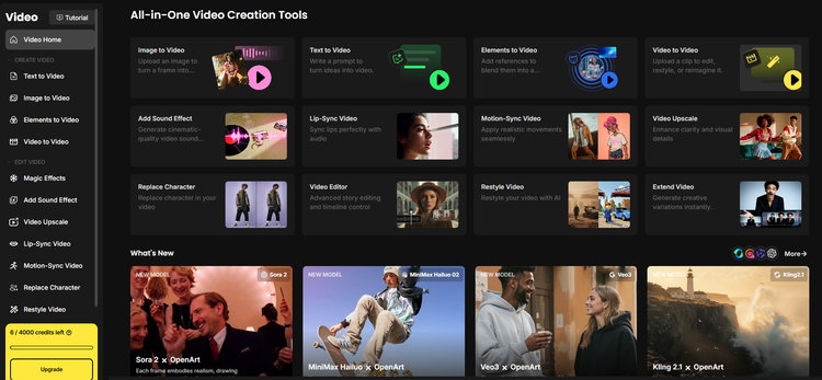 Für die Videoerstellung und -bearbeitung steht ein Dutzend KI-Tools mit über 22 KI-Modellen (u.a. Kling 2.6, WAN 2.6, Sora 2, Veo3, Vidu Q2) zur Verfügung.