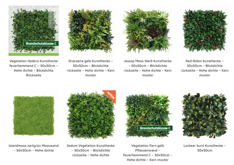 Das Sortiment bei Kunstheckeguenstig.de bietet verschiedene Designs, Höhen und Dichten