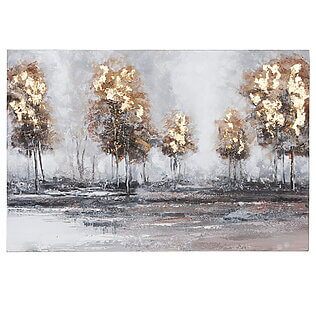 Handgemaltes Leinwandbild "Waldlichtung", Bäume mit goldfarbenen Akzenten