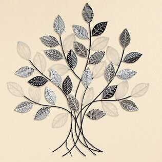 Großes Metall-Wandrelief "Graphic Tree", semiabstrakter Baum mit schimmernden Blättern